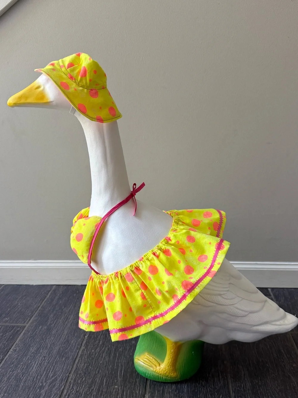 Yellow & pink polka dot bikini with hat for 23” porch goose
